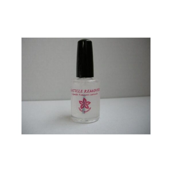 CUTICLE REMOVER in clear glass bottle with black cap, pink label on white surface.