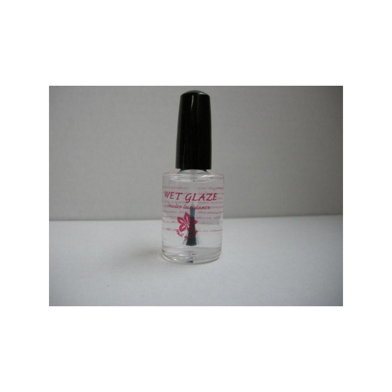 A small clear WET GLAZE bottle with a black cap on a white surface.