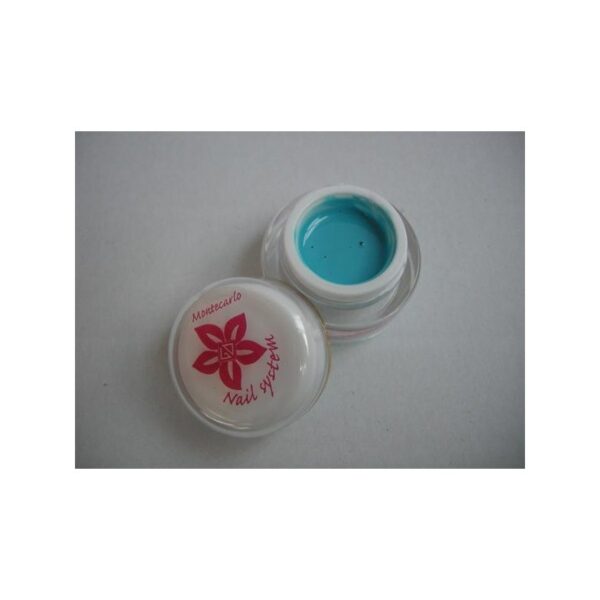 Small round jar of turquoise MONTECARLO nail gel with a white lid.