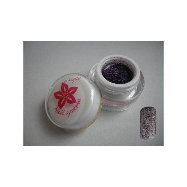 Open container of LOS ANGELES dark purple glitter nail gel with swatch beside it.