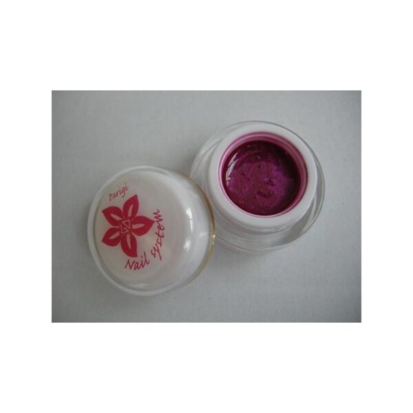Open jar of PARIGI purple nail gel with a white lid, labeled Nail System Paris.