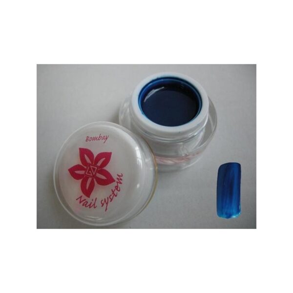 Open BOMBAY blue gel polish jar with lid and swatch, Bombay Nail System.