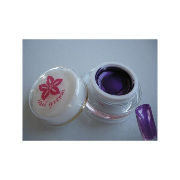 Open jar of VIENNA purple nail gel with lid beside it and a gel swatch displayed.