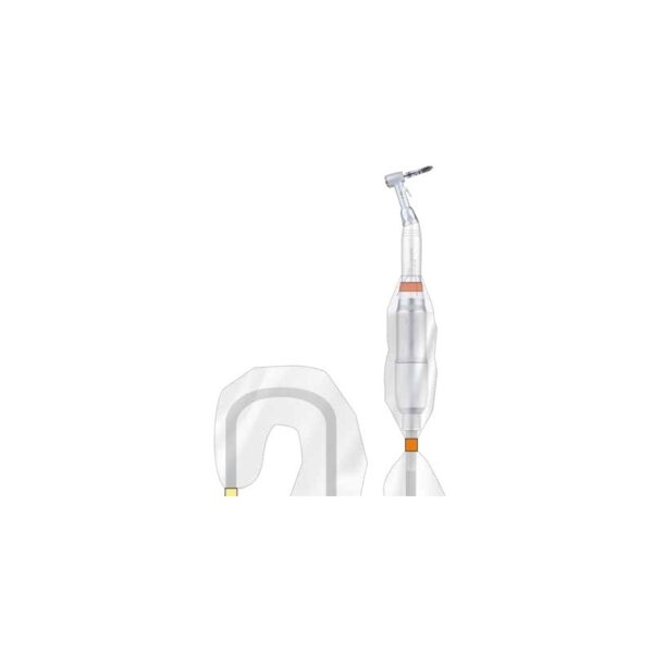 PROTECTIVE SHEAT covering a dental handpiece near a transparent impression tray.