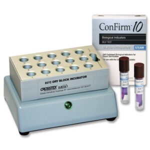 A CONFIRM10 dry block incubator with indicator vials and biological indicator box.
