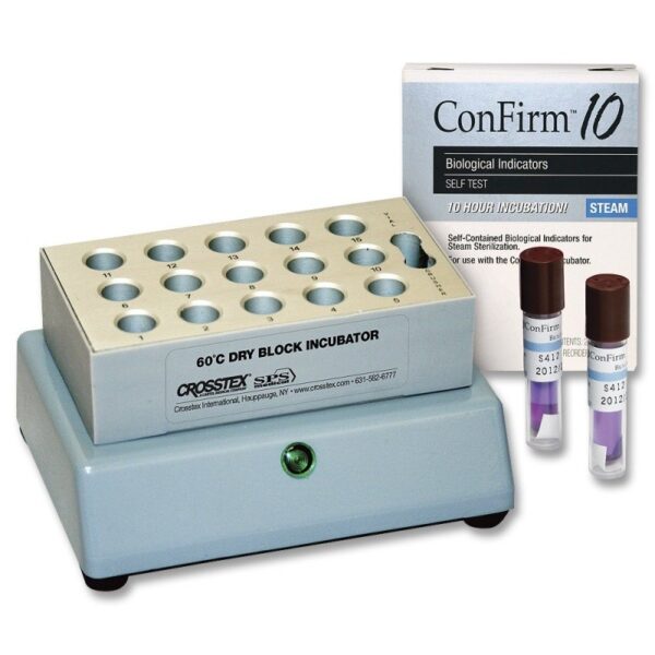 A CONFIRM10 dry block incubator with indicator vials and biological indicator box.