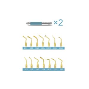 ULTRASURGERY TOUCH LED with 12 gold scaler tips and 2 blue handpieces on white background.