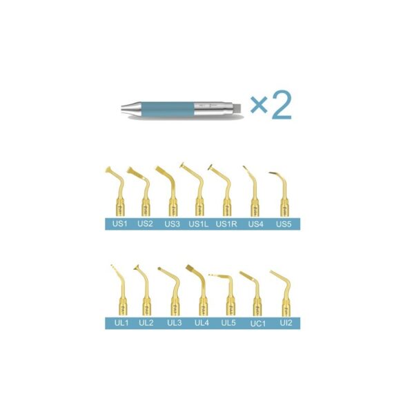 ULTRASURGERY TOUCH LED with 12 gold scaler tips and 2 blue handpieces on white background.