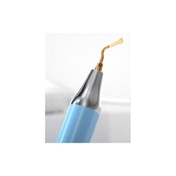 Close-up of ULTRASURGERY TOUCH LED dental tool with blue handle and gold tip.