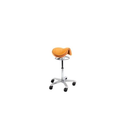AMAZONE BALANCE orange saddle stool with wheels, chrome base on white background.