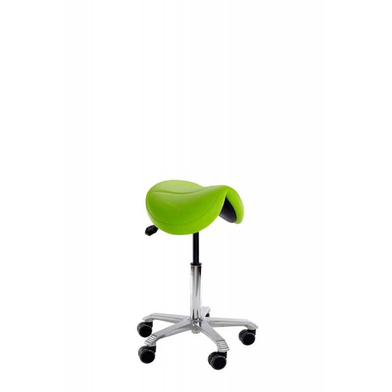 JUMPER green saddle stool with adjustable height and wheels on metal base.