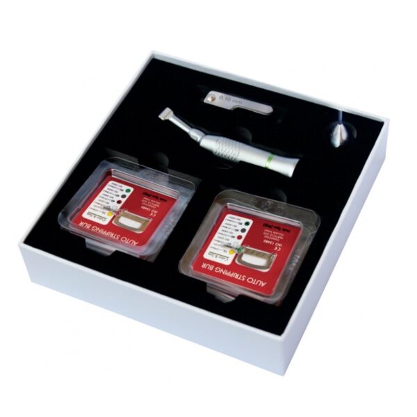 Kit STRIPPING INTERPROSSIMALE con contrangolo lineare e 2 contenitori con etichetta rossa.