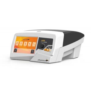 White and black ONDA - SHOCKWAVETHERAPY device with orange touchscreen and control buttons.