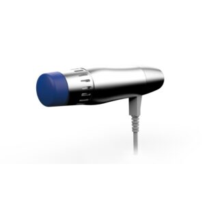A silver ONDA - SHOCKWAVETHERAPY device with a blue tip and a cord at the base.