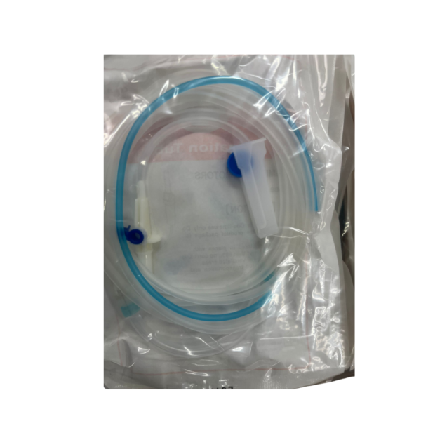 589_43 deflissori Una confezione di DEFLUSSORI STERILI PER IMPIANTO con connettore blu e tubo trasparente.