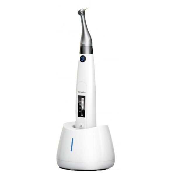 AI MOTOR The AI MOTOR cordless dental handpiece has a digital display on its charging base.