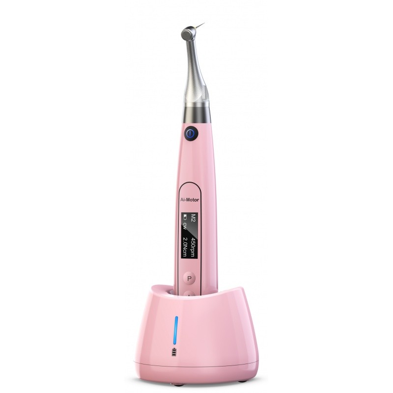 Il micromotore endodontico AI MOTOR con display si trova in posizione verticale nella sua base di ricarica abbinata.