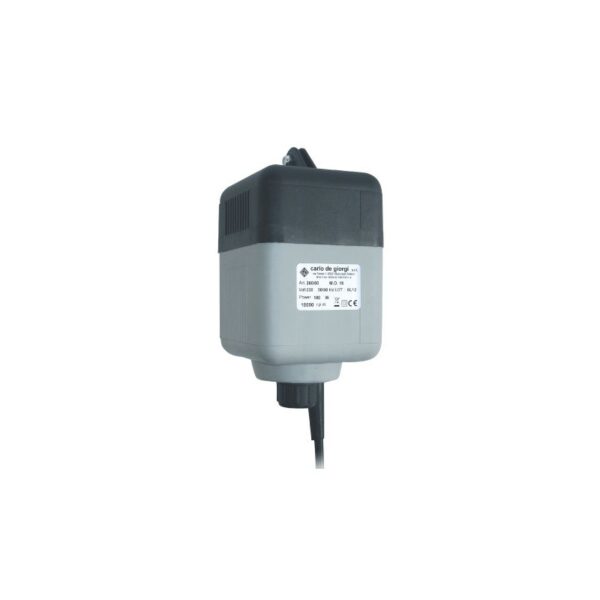 M.O.15 electric actuator, black top, gray body, with label and black cable attached.