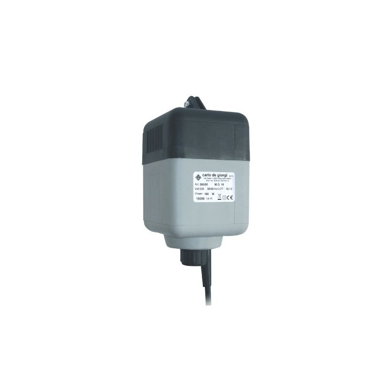 M.O.15 electric actuator, black top, gray body, with label and black cable attached.