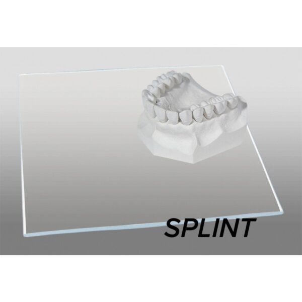 A dental model sits on a clear acrylic sheet labeled SPLINT- 1,5 MM.