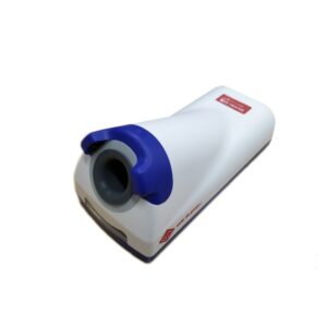 The JT-29 is a handheld digital peak flow meter with a blue mouthpiece and white body.