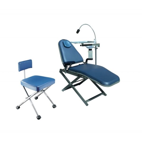 PORTABLE DENTAL CHAIR with overhead light and matching wheeled stool on white background.