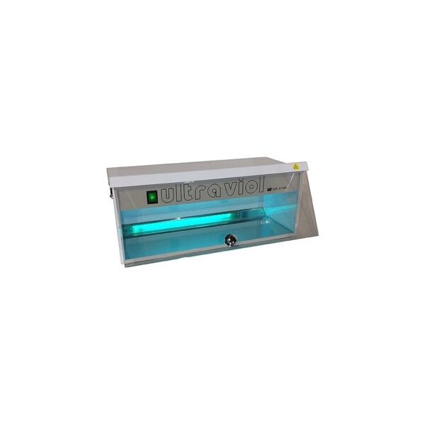 Il box ULTRAVIOL UV è dotato di una lampada ultravioletta accesa e di un pannello frontale trasparente.