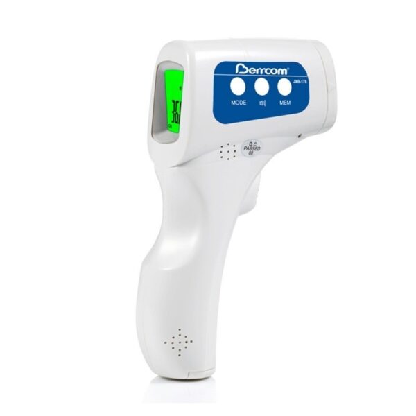 Il TERMOMETRO INFRAROSSI JXB-178 bianco con display retroilluminato verde indica la temperatura.