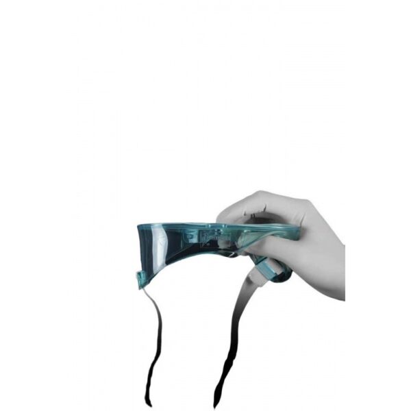 A gloved hand holds MG-1 MEDICAL GOGGLES - LIGHT BLUE against a white background.