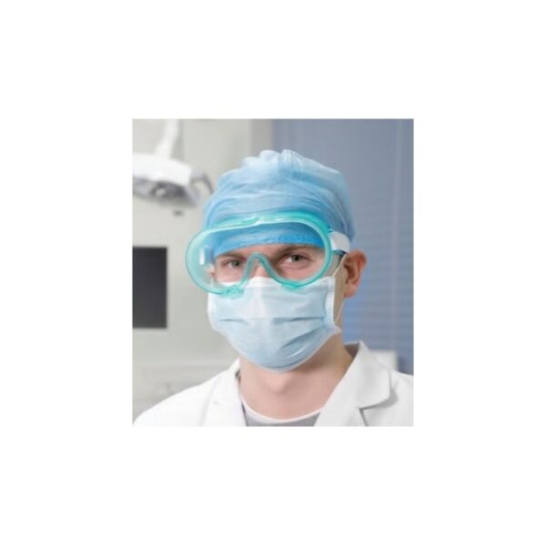 Person in medical attire wears MG-1 MEDICAL GOGGLES - PINK, mask, hair cover, and lab coat.