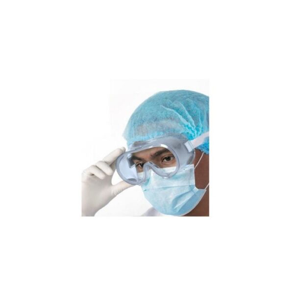 Individual in mask, cap, and gloves adjusts MG-1 MEDICAL GOGGLES - PINK eyewear.