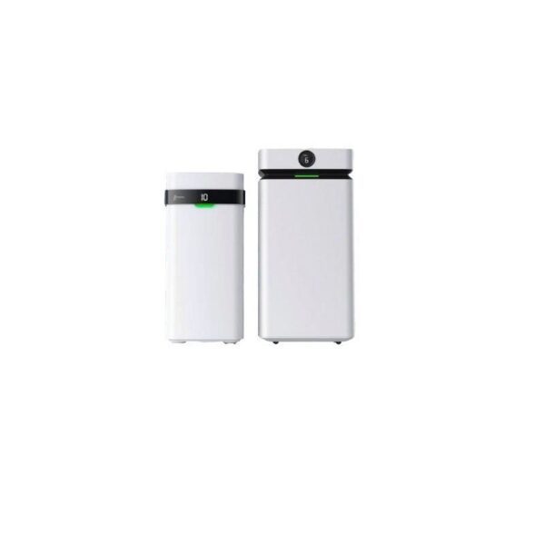 Due PURIFICATORE D'ARIA Q3 bianchi con bande nere e display digitale.