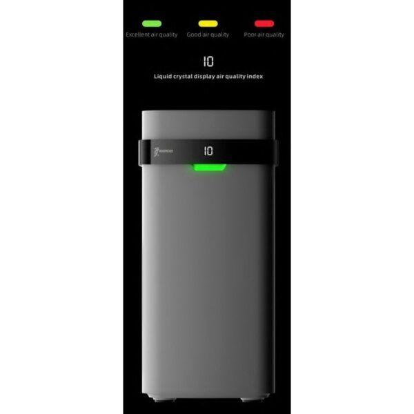 Il PURIFICATORE D'ARIA Q3 mostra un indice di qualità dell'aria pari a 10 e una luce verde.
