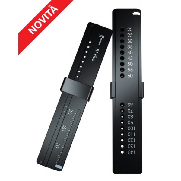 Due strumenti di misura scorrevoli R1 PLUS neri con scale e ritagli di cerchio.