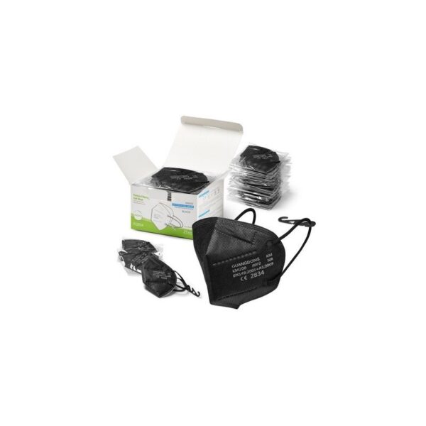 FFP2 3D PROTECTIVE MASK, black, in individual packets with box shown in background.