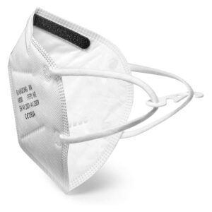 MASCHERINA FFP2 KM200 BIANCA, con occhielli e clip per il naso, su sfondo bianco.
