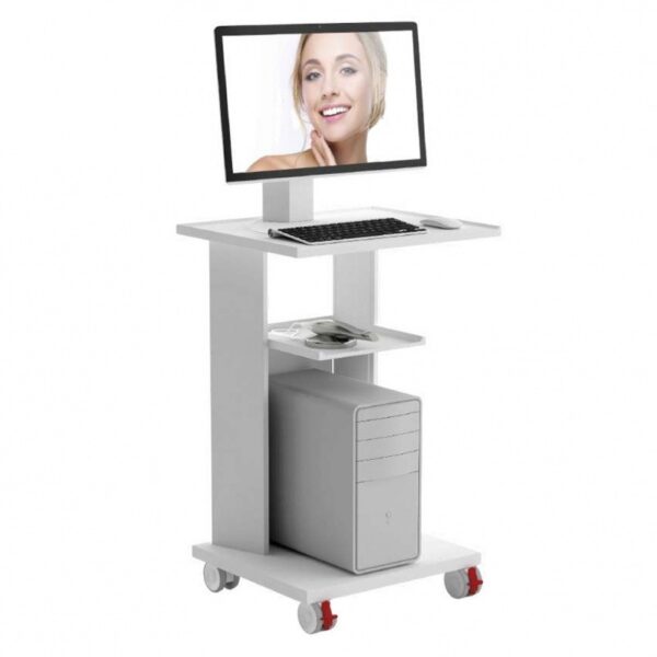 ATLAS NETWORK STATION white cart with monitor, keyboard, and tower shelves.