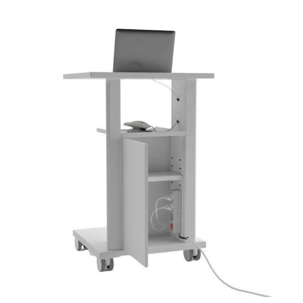 White ATLAS NETWORK STATION rolling workstation with shelves, laptop, mouse & power strip.