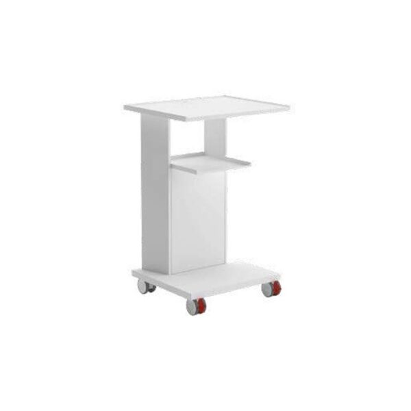 Carrello rotante ATLAS NETWORK STATION bianco, due ripiani, ruote con inserti rossi.