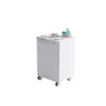 OPTIMUS medical trolley on wheels with cleaning supplies and tray, isolated on white.