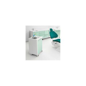 Modern dental clinic with an OPTIMUS green dental chair and a mobile medical cart.