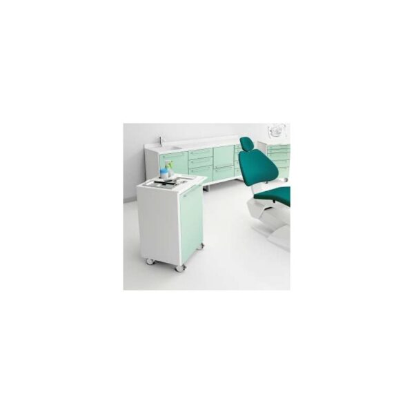 Modern dental clinic with an OPTIMUS green dental chair and a mobile medical cart.