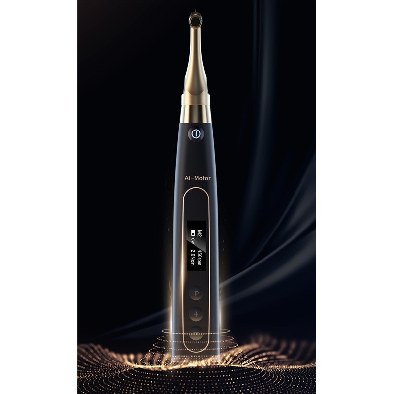 AI MOTOR BLACK electric dental tool with display on a glowing surface.