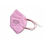 FFP2 3D PROTECTIVE MASK PINK with ear loops and a white hook, labeled with specs.