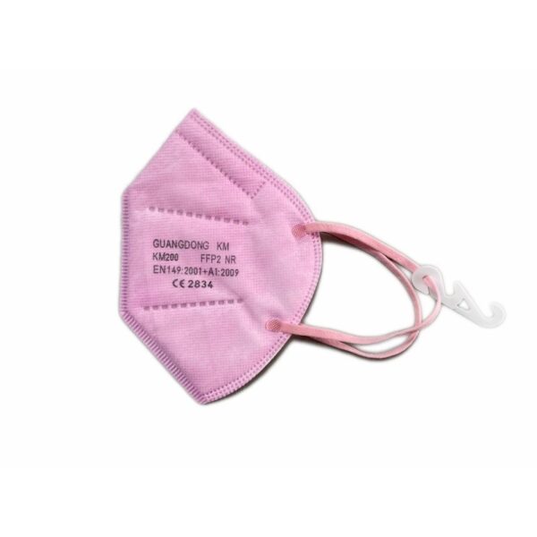 FFP2 3D PROTECTIVE MASK PINK with ear loops and a white hook, labeled with specs.