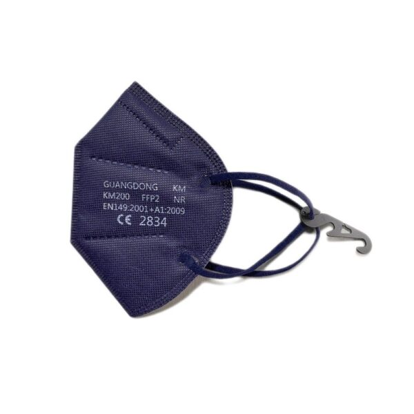 Dark blue FFP2 3D PROTECTIVE MASK with ear loops and a plastic hook attachment.
