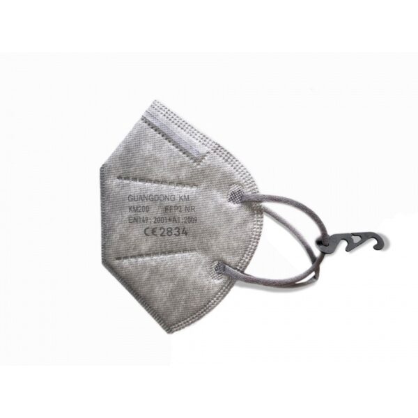 The FFP2 3D PROTECTIVE MASK GREY has ear loops and a plastic strap hook.