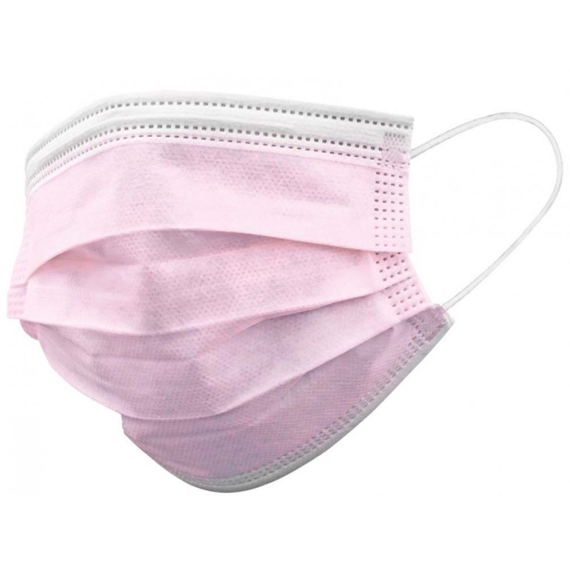 Maschera MASCHERINA CHIRURGICHE TIPO IIR ROSA rosa chiaro con passanti per le orecchie su sfondo bianco.
