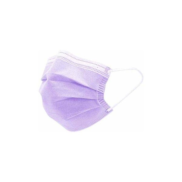 MASCHERINE CHIRURGICHE TIPO IIR VIOLA MASCHERINA CHIRURGICHE TIPO IIR VIOLA maschera facciale con passanti per le orecchie su sfondo bianco.
