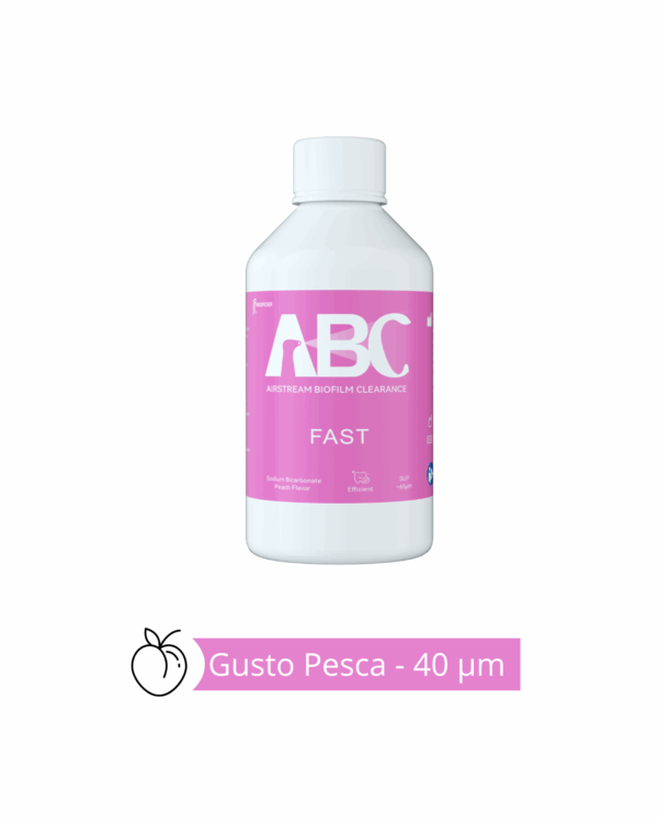 109 Flacone bianco etichettato PT-S1 BICARBONATO GUSTO PESCA 65 µm, etichetta rosa, icona pesca.
